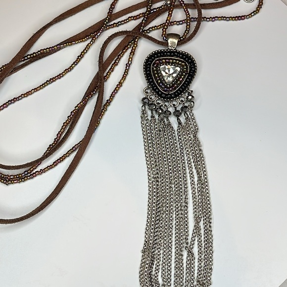 Boho Style Suede Cord & Beaded Necklace Beaded & Chain Embellished Pendant - Picture 8 of 13